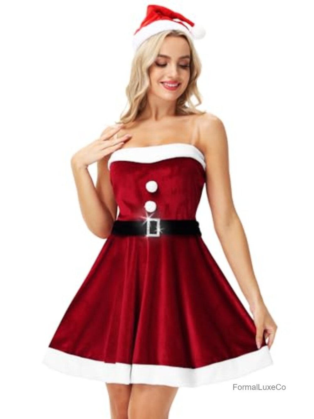 Women's Off Shoulder Santa Claus Costume Dress with Belt